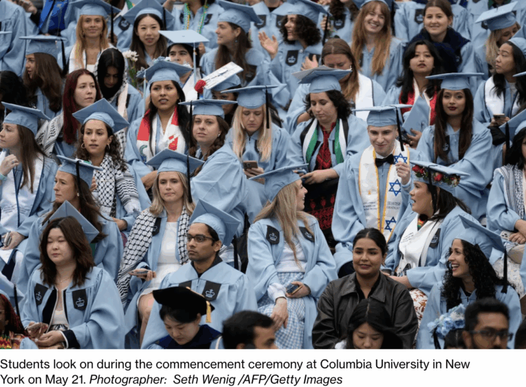 A photo illustrating Mandee Heller Adler Bloomeberg talking about Columbia.